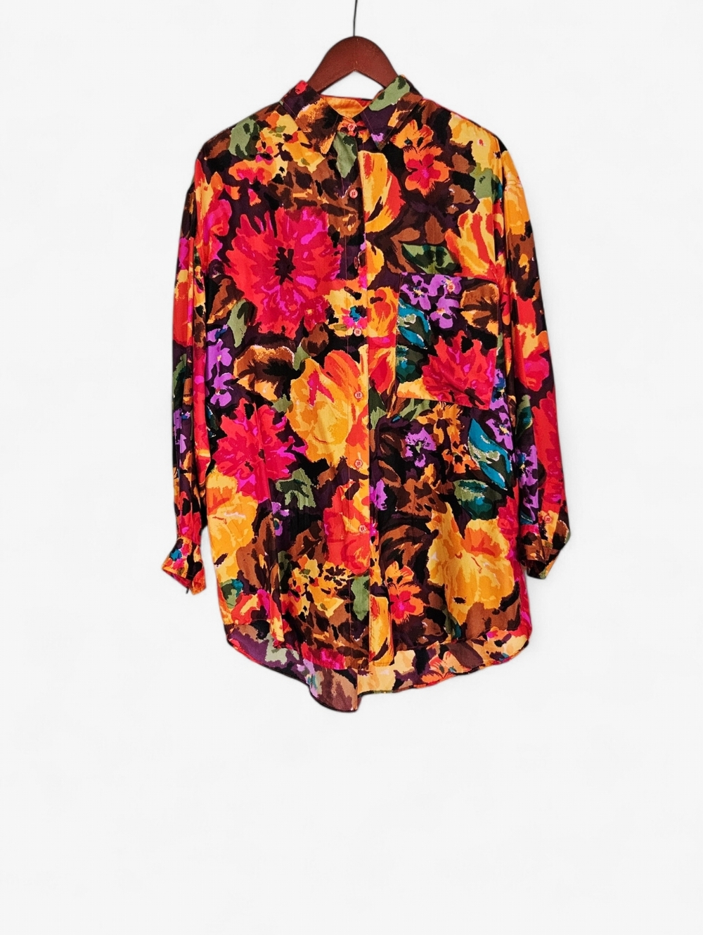 Vintage Jane Ashley Silk Vibrant Floral Collared Oversized Button Up Blouse M